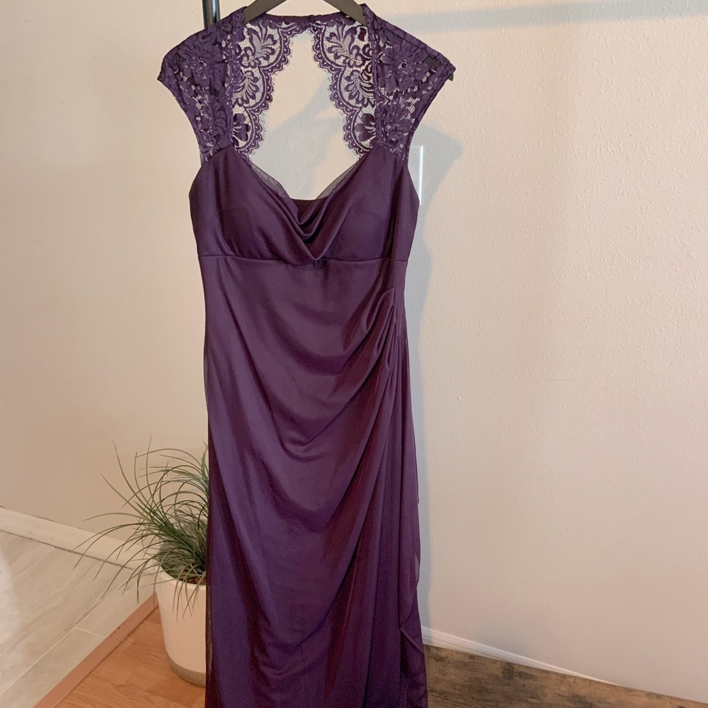 Chiffon and lace floor length dress with keyhole back.